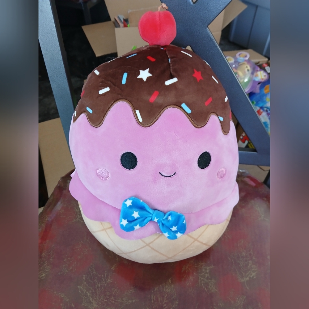 Squishmallows Tan And Pink Ice Cream Plush with Blue Bow And Sprinkles, Sanjay